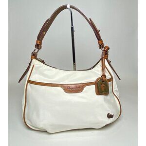 Dooney & Burke Nylon Hobo Shoulder Bag Purse White Brown Leather Handle Duck Tag